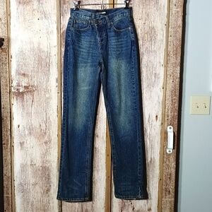 Jeans dark wash cross closure button fly straight leg flattering size 0